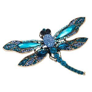 Women's Teal Rhinestone Dragonfly Brooch Gold Tone